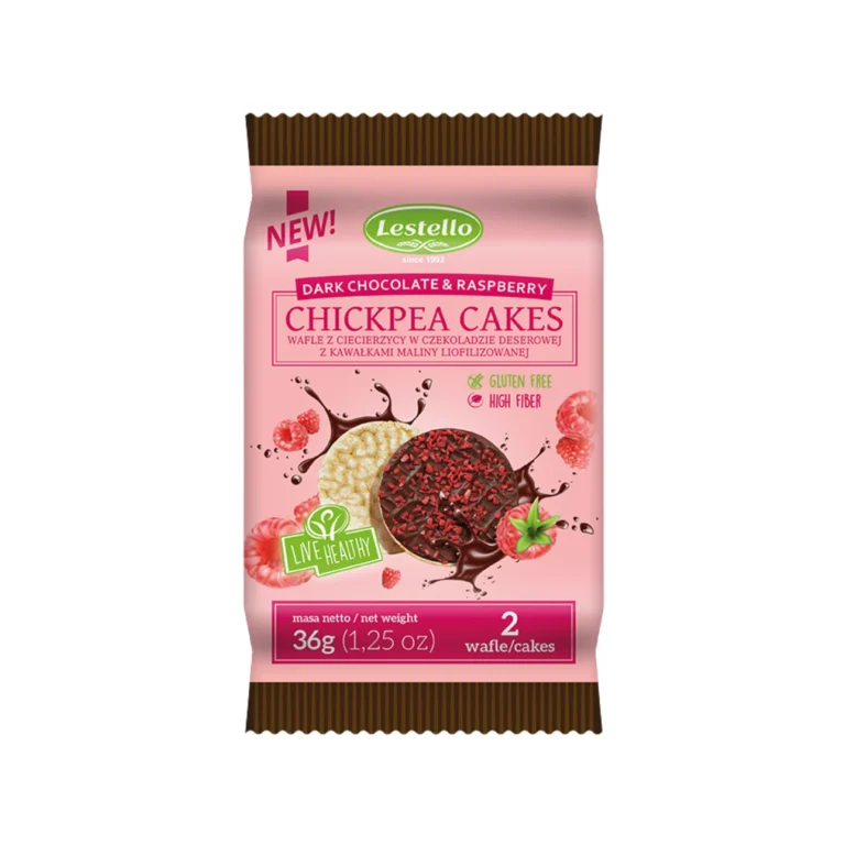 Wafle z ciecierzycy w czekoladzie z maliną 36g. Jedno opakowanie, a w środku dwie sztuki.