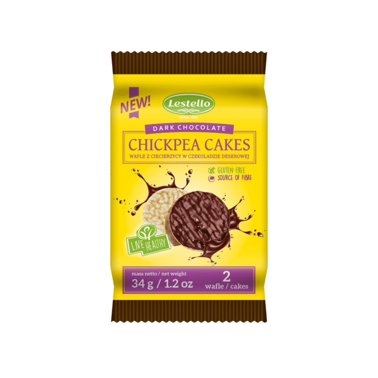 Wafle z ciecierzycy w czekoladzie 34g. Jedno opakowanie, a w środku są dwa wafle.