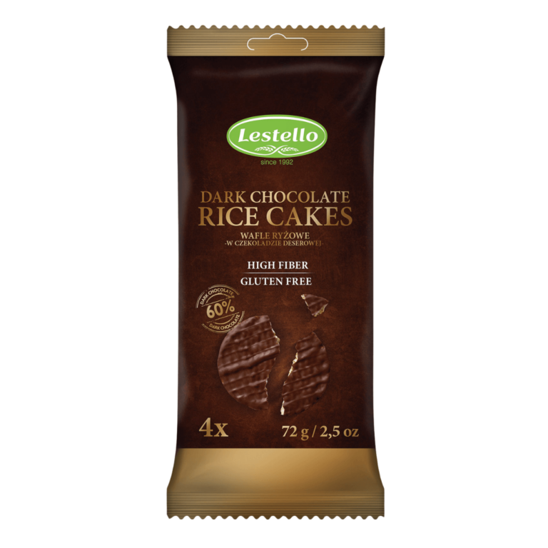 Wafle ryżowe w czekoladzie deserowej 72g. Jedno opakowanie, a w środku cztery wafle.